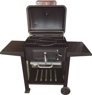 Barbacoa carbón con tapa y dos mesas auxiliares de 128x59x119 cm y rejilla hierro fundido|Barbacoa carbón dos mesas detalle tapa con chimenea