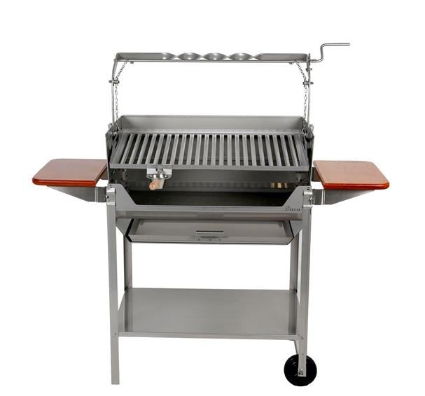 Barbacoa inox deluxe bd-720 mesas de madera y protectores de viento|Barbacoa Deluxe BD-720 vista lateral|Detalle parrilla BD-720 acero inox