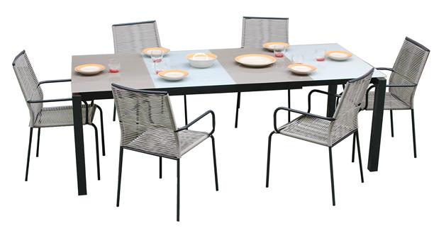 Conjunto Rodena aluminio con mesa extensible de cristal y 6 sillas