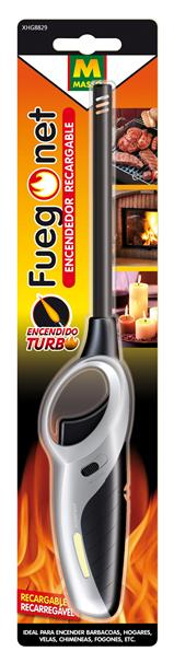 encendedor gas recargable fuego net 231246 mango largo barbacoa chimenea|encendedor gas recargable fuego net vista lateral|detalle cabezal encendedor recargable fuego net