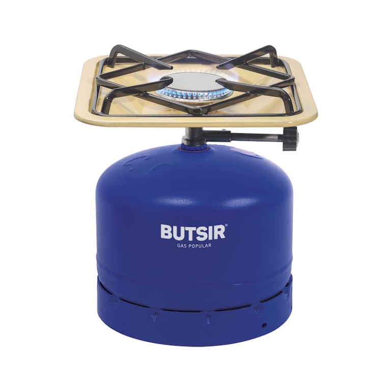 Hornillo gas Butsir Pop Classic HOBC0001 botella azul 907 3300 W|Detalle quemador hornillo Pop Classic Butsir HOBC0001|Hornillo Butsir Pop Classic HOBC0001 en uso exterior