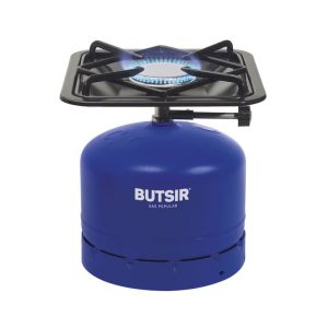 Hornillo gas Butsir Pop Classic Black HOBC0002 botella azul 907|Detalle quemador Pop Classic Black HOBC0002|Hornillo Fogon Pop Classic Black vista trasera