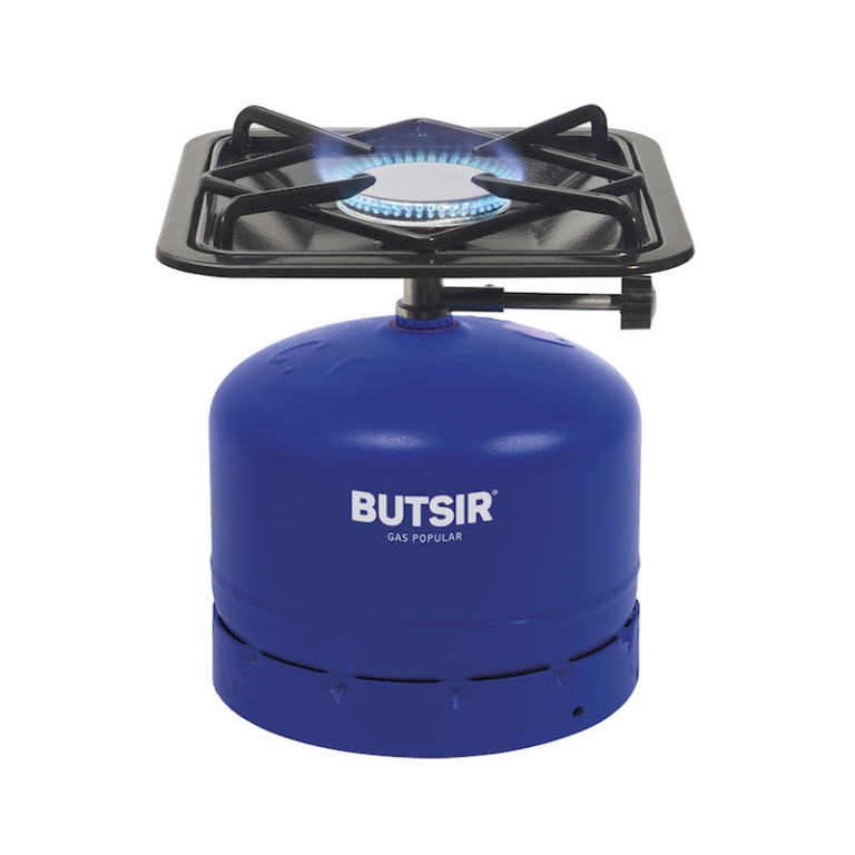 Hornillo gas Butsir Pop Classic Black HOBC0002 botella azul 907|Detalle quemador Pop Classic Black HOBC0002|Hornillo Fogon Pop Classic Black vista trasera