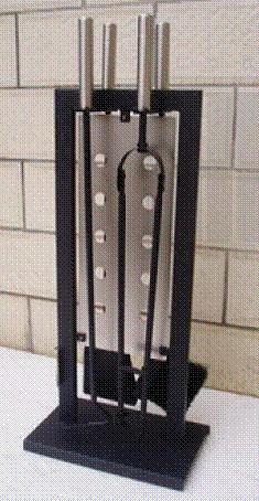 Juego accesorios Billund 5 piezas chimenea hierro forjado negro cromo satinado 70 cm|Detalle mangos cromo satinado juego Billund chimenea David Green