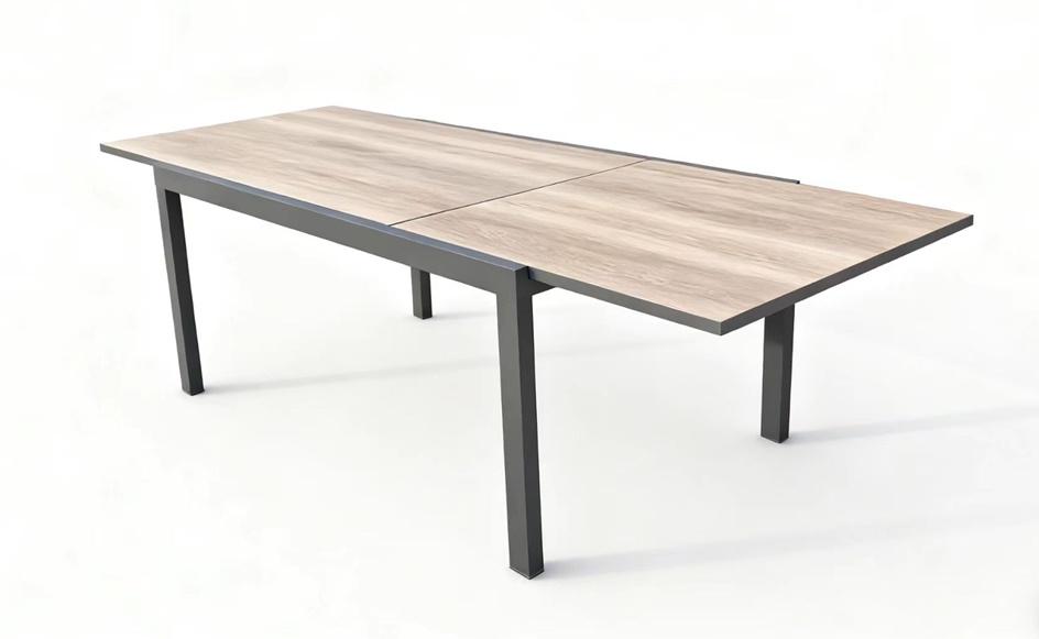 Mesa aluminio DPC extensible 165-261x100 cm para jardín|Mesa de aluminio con tablero DPC vista del sistema extensible