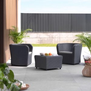 Set Nova Tete a Tete grafito con 2 sillones y mesa de centro para jardín|Set Nova Tete a Tete grafito detalle de los sillones|Set Nova Tete a Tete grafito vista de la mesa de centro
